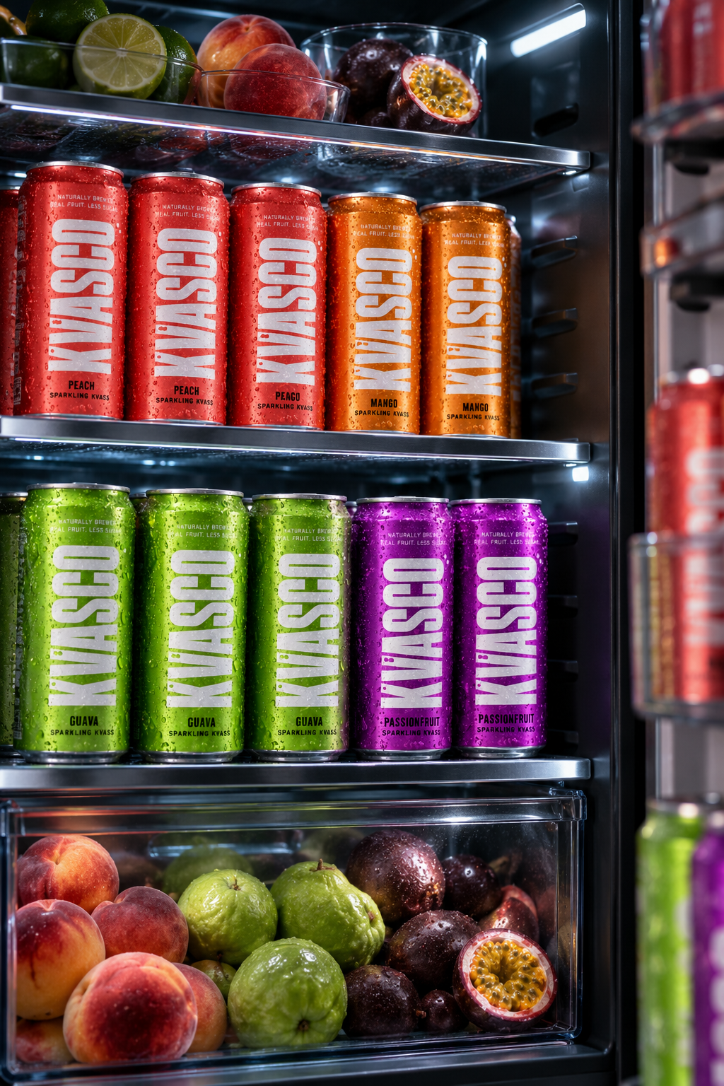 Colourful Kvasco drinks in a refrigerator